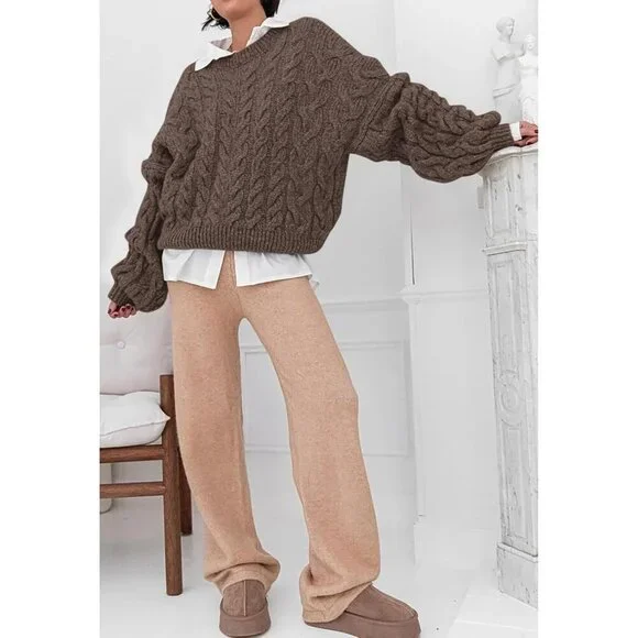 Women's Deep Brown Spring Fall Cable Knit Long Sleeve Crewneck Oversized Sweater - Picture 6 of 6
